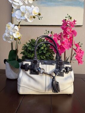 Coach Hampton braided satchel in white and black pebble leather